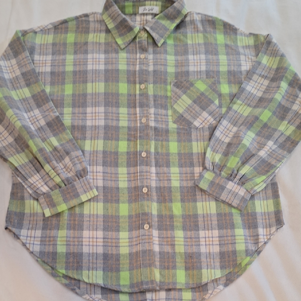 Women's Plaid Button Down Shirt - Green and Gray